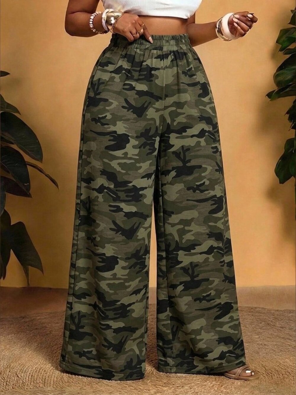 Multicolor Casual Women's Plants All Over Loose High-Waist Wide-Leg Long Pants